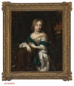 Portrait of a lady, three-quarter-length, in a white dress with blue shawl and pearl necklace, holding flowers, in a landscape