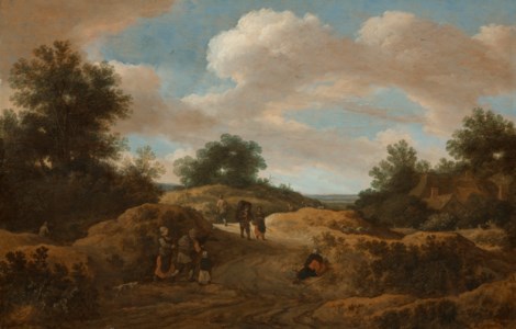 A dune landscape with figures on a track