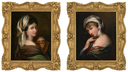 Portrait of a lady, bust-length, as a Vestal Virgin, holding a vase; Portrait of Miss Stuart, bust-length, in a head scarf