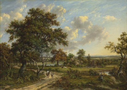 A wooded landscape with travellers on a track