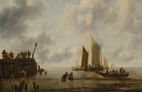 A calm with fishing boats and figures on a jetty