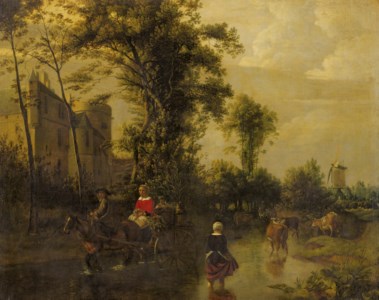 A river landscape with a horse-drawn cart carrying a lady with baskets of vegetables across a ford next to a castle, a drover, cattle and windmill beyond