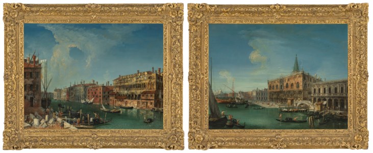 Venice, a stonemason's yard on the Grand Canal, with a view of the Palazzo Ca' Tron, the Palazzo Belloni Battagia, the Fondaco del Megio and the Fondaco dei Turchi; and Venice, the Doge's Palace with the Campanile, the Libreria and Santa Maria della Salute beyond