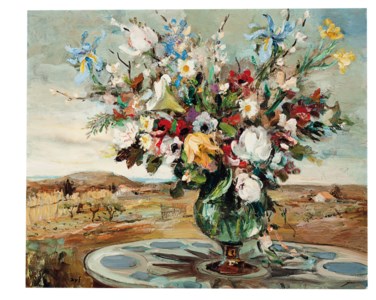 Bouquet devant un paysage provençal
