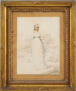 Portrait of Katherine, Countess of Mornington (1760-1851), full-length, in a white dress and blue sash, a landscape beyond