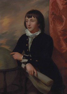 Portrait of the Hon. William Wellesley-Pole, 1st Baron Maryborough, and 3rd Earl of Mornington (1763-1845), three-quarter-length, in a dark coat and white shirt with a ruff, leaning on a globe and holding a scroll of paper, standing by a draped curtain