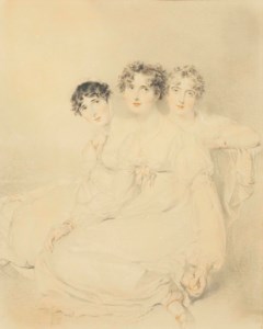Portrait of the Wellesley-Pole sisters: Lady Mary Charlotte Anne (d. 1845, wife of Sir Charles Bagot) (left); Lady Emily Harriet (1792-1881, wife of Lord FitzRoy Somerset, later 1st Baron Raglan) (centre) and Lady Priscilla Anne (1793-1879, wife of John, Lord Burghersh, later 11th Earl of Westmorland) (right); full-length, seated, in white dresses