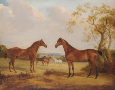 Landscape with five horses: the Duke of Wellington's 'Copenhagen'; Sir John Water's 'Bitter'; the Duke of Wellington's chestnut mare and white Arabian; and Lord FitzRoy Somerset's bay mare ridden at Waterloo