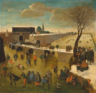 A winter landscape with ice skaters before the Gate of Saint George, Antwerp