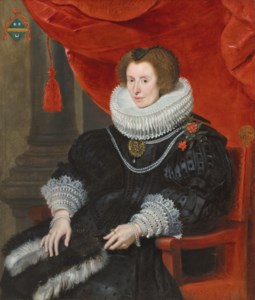 Portrait of a lady, believed to be Anna de Bourgeois (d. 1636), three-quarter-length, seated, in a black dress with a fan