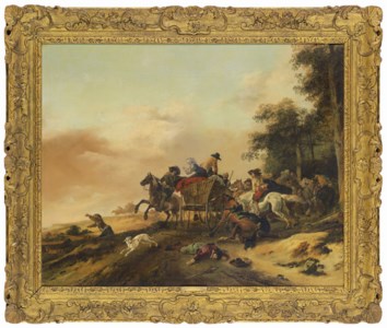 Bandits ambushing travellers in a wagon