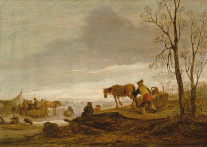 A winter landscape with figures on a frozen river