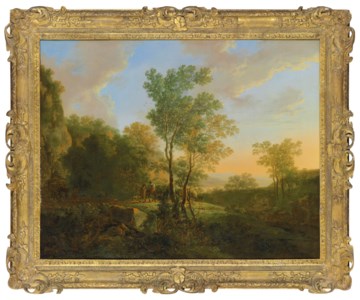 An Italianate wooded landscape with travellers