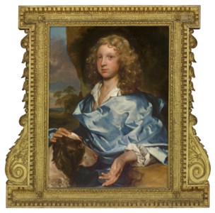 Portrait of a boy from the Ashley-Cooper family, half-length, wearing a blue wrap and a white shirt with a dog in a landscape