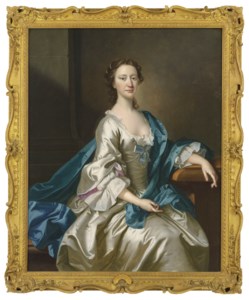 Portrait of a lady, three-quarter-length, seated by a table in a oyster satin gown and blue mantle