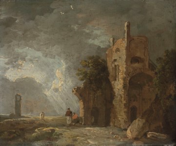 A stormy landscape with figures by ruins