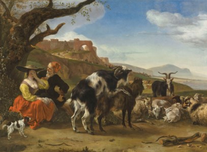 Italianate landscape with a shepherd showing a woman his flock