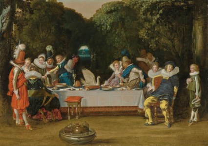 Elegant figures feasting in a garden
