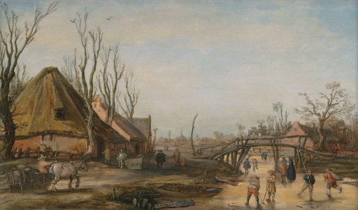 Winter landscape with a farmhouse, skaters and kolf players on a frozen stream