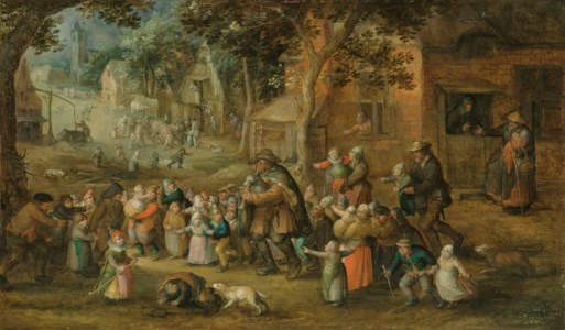 A hurdy-gurdy player surrounded by village children