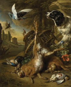 Dead hares, jackdaws and a partridge with a spaniel upsetting a basket of pigeons, a lake and formal garden beyond