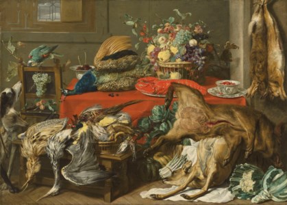 Frans Snyders, A larder with a draped table laden with game, a lobster, vegetables and fruit in a basket, and kraak porcelain, with a parrot and two hounds