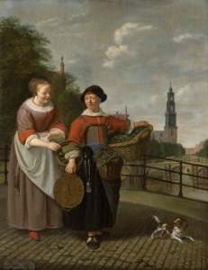 A female merchant and a maid at the Eenhoornsluis in Amsterdam