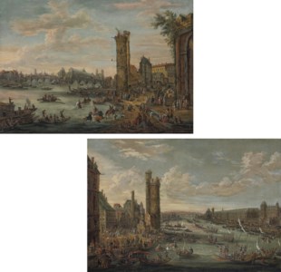 A view of the Pont de l'Isle de la Cité and the Tour des Nesle from the left bank, Paris; and A view of the Tour des Nesle and the left bank from the Pont de l'Isle de la Cité, Paris