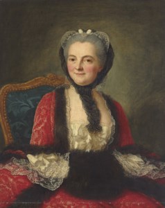 Portrait of a woman, seated, in a red dress with a black muff