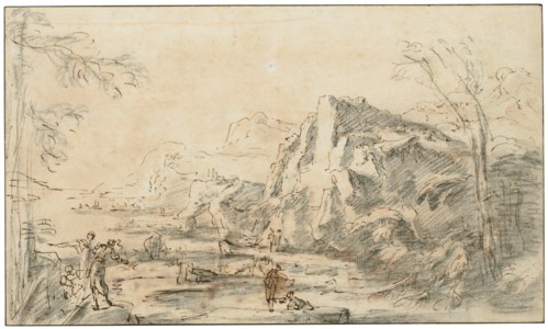 Figures on a rocky coastal inlet