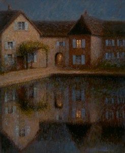 Les maisons sur la rivi è re au clair de lune
