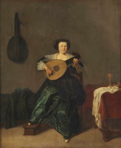 An elegant lady in a green dress playing a lute in an interior