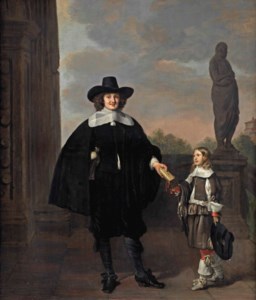 Portrait of Frederick van Velthuysen (d. 1658) and his son Dirck (1651-1716), full-length, in an Italianate park landscape with a sculpture of Homer