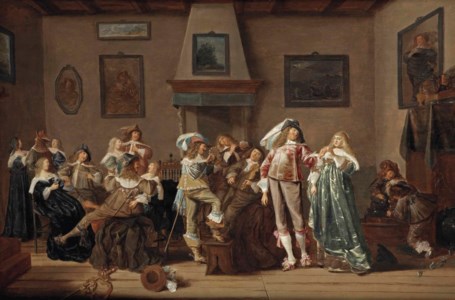 A merry company making music and drinking in an interior