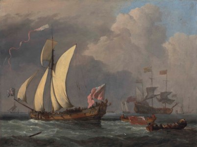 An English Royal Yacht, probably the Katherine, and a man-of-war beyond, probably the Harwich with Charles II aboard on his way to, or from Portsmouth in 1675, on the occasion of the Launch of the Royal James
