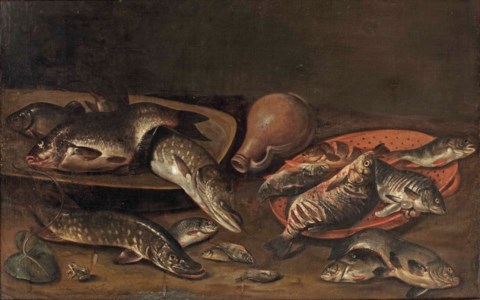 Various fish on platters, an earthenware jug, and a small frog in the left foreground