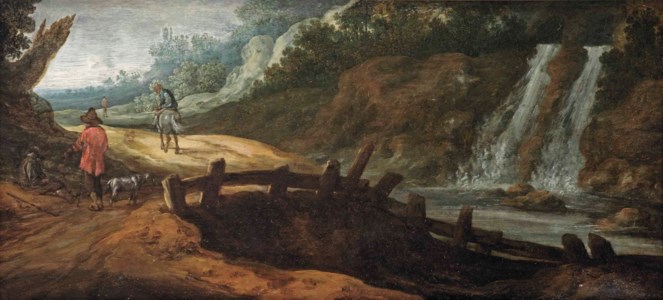 A rocky landscape with figures on a path, a waterfall to the right
