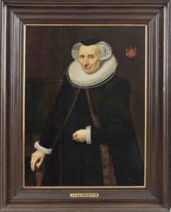 Portrait of Vincentia van der Does (1543-1628), three-quarter-length, in a black gown with a fur-lined 'tabbaard', lace ruff and cap