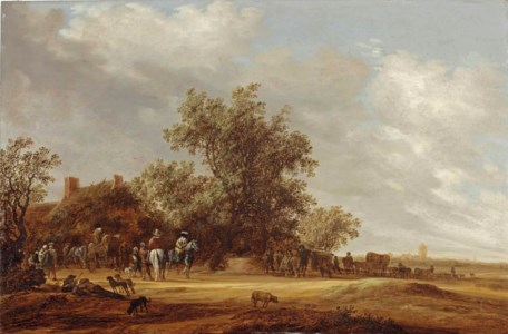 An extensive landscape with travellers halting at a farmhouse, a village beyond