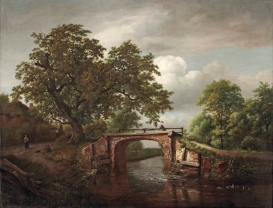 A wooded river landscape with a traveller crossing a stone bridge near an oak tree and a farm house
