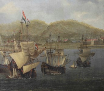 Four VOC three-masters at anchor in front of a colonial fortress