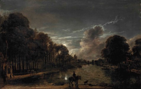 A moonlit wooded landscape with a horseman and other figures by a canal, a town beyond