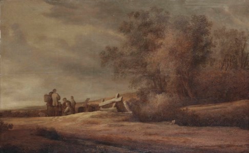 A dune landscape with figures resting by a fence