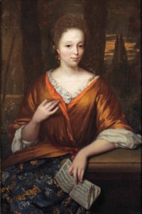 Portrait of a young lady, three-quarter-length, in an orange embroidered silk dress with ochre mantle and lace chemise, seated in a park landscape and holding a sheet of music