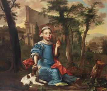 Portrait of a girl, full-length, in a blue dress and red wrap, with a white bonnet and pearl necklace, holding a peach in her left hand, with a dog, in a landscape with the ruins of the Colosseum beyond