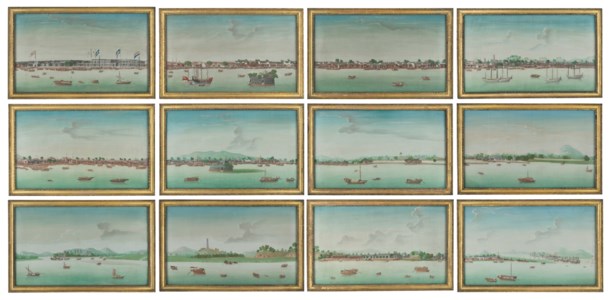 ÉCOLE CHINOISE, CIRCA 1779-80, PANORAMA DE LA RIVIÈRE DES PERLES, DU FRONT DE MER DE CANTON AU MOUILLAGE DE L'ÎLE DE WHAMPOA - ENSEMBLE DE DOUZE