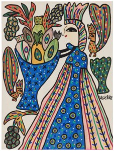 Femme au vase fleuri bleu