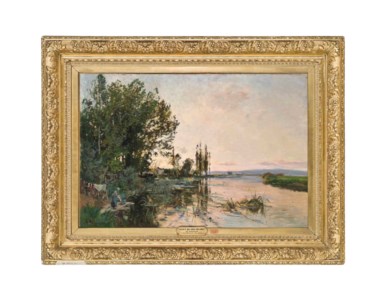 A washerwoman on the river at dusk
