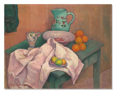 Nature morte (pichet, assiette, fruits sur serviette déployée)