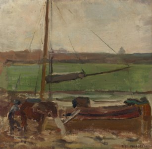 Polder met gemeerde vrachtschuit buiten Amsterdam II